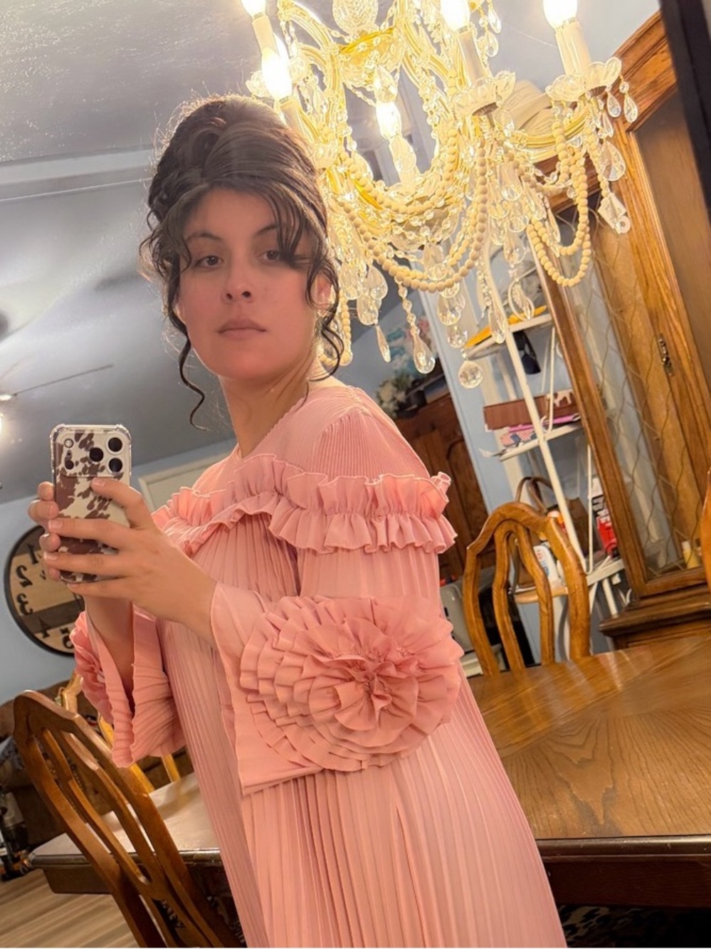 Pink Pleated Long Dress with Ruffle and Floral Sleeve Detail